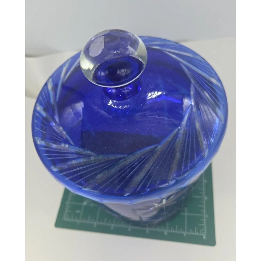 Bohemian Czech Cobalt Blue Cut to Clear Pinwheel Biscuit Cookie Jar Ice Bucket